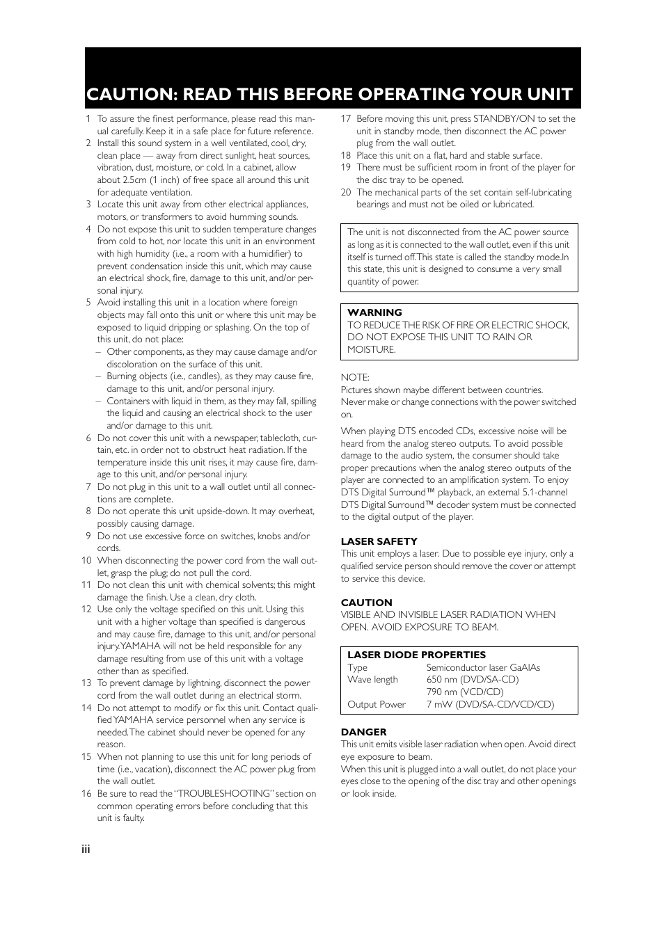 Caution: read this before operating your unit | Yamaha DVD-S1500 User Manual | Page 4 / 32