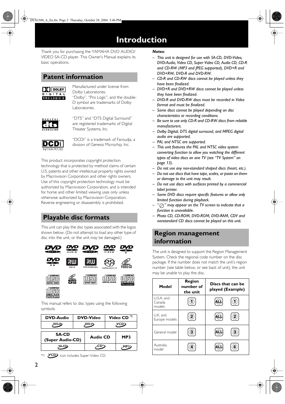 Introduction, Patent information, Playable disc formats | Region management information, Patent information playable disc formats | Yamaha DVD-S1500 User Manual | Page 6 / 32