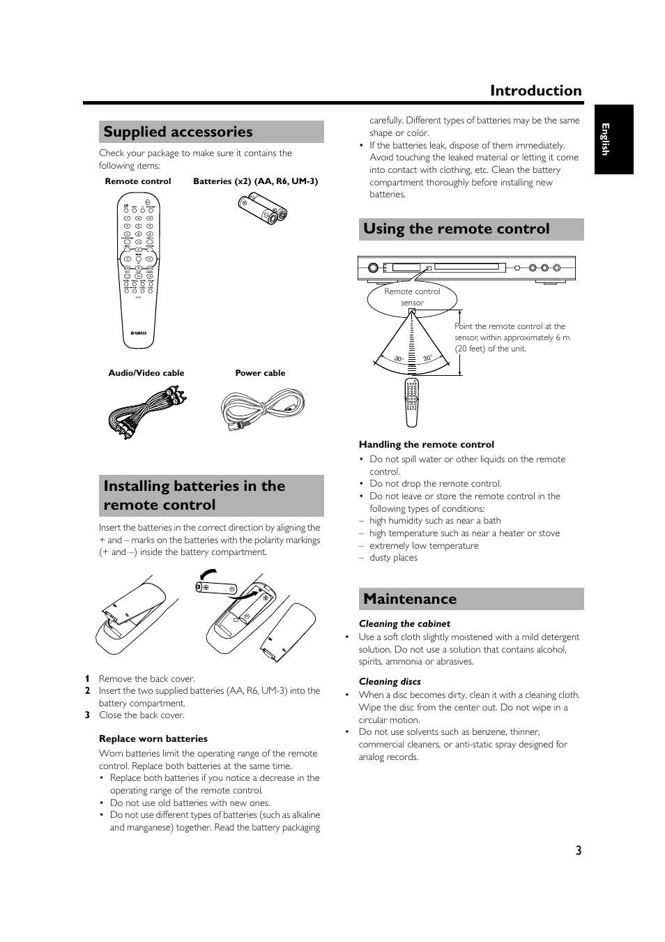 Supplied accessories, Installing batteries in the remote control, Using the remote control | Maintenance, Introduction, Using the remote control maintenance | Yamaha DVD-S1500 User Manual | Page 7 / 32