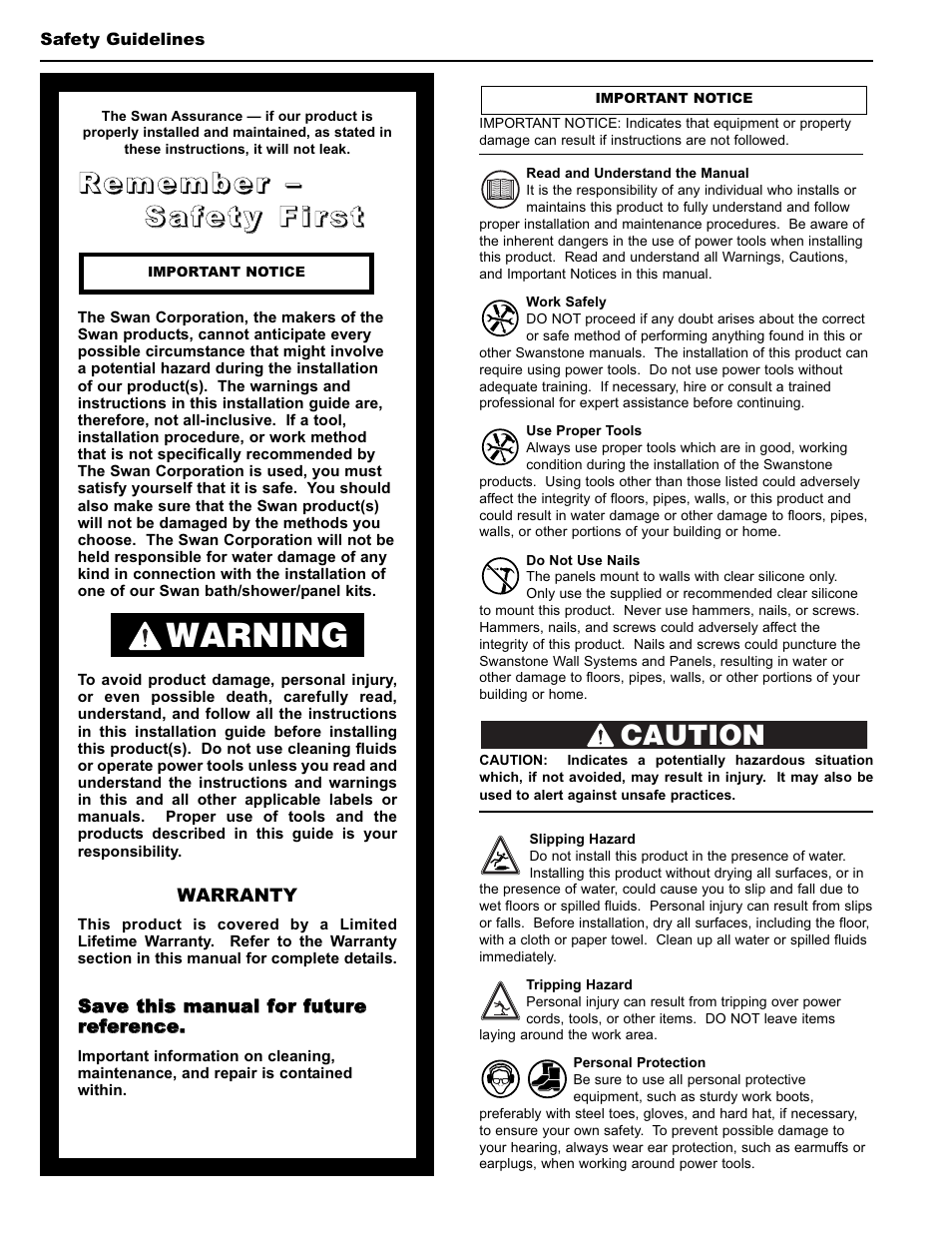 Warning, Caution | Swanstone SS-7211 - Installation User Manual | Page 2 / 8