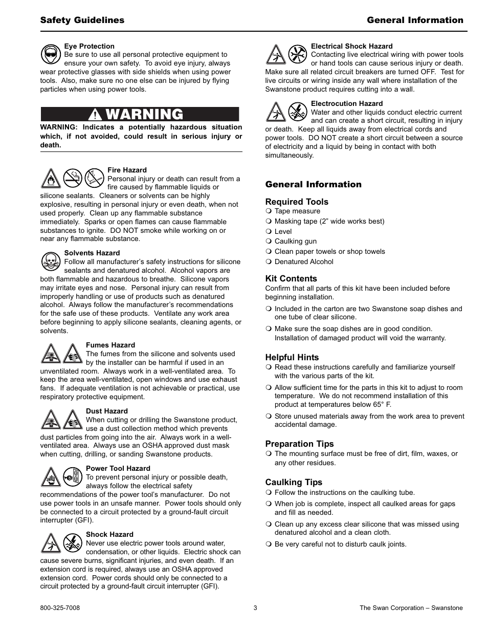 Warning | Swanstone SS-7211 - Installation User Manual | Page 3 / 8