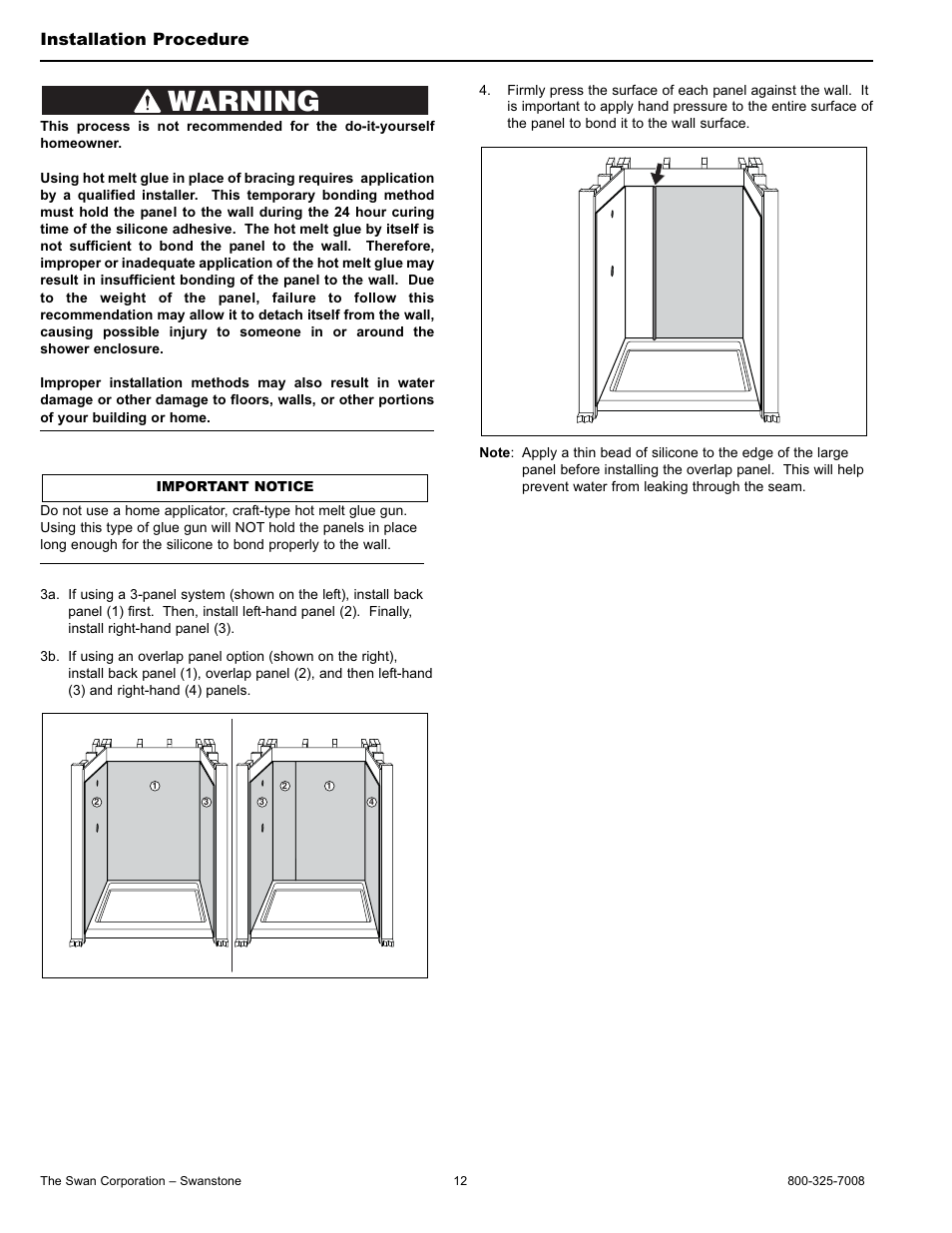 Warning, Installation procedure | Swanstone CCSP-4896-1 - Installation User Manual | Page 12 / 20