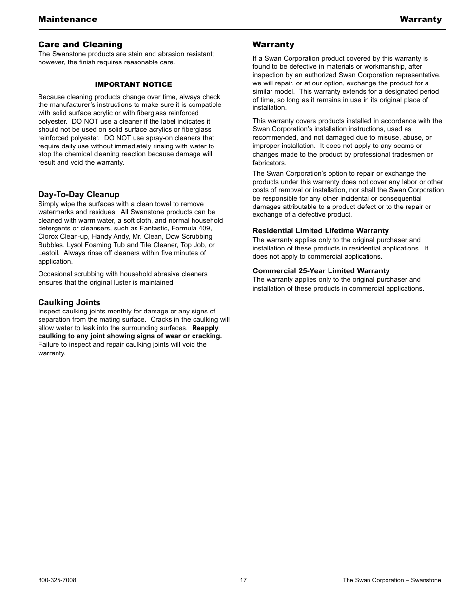 Swanstone CCSP-4896-1 - Installation User Manual | Page 17 / 20