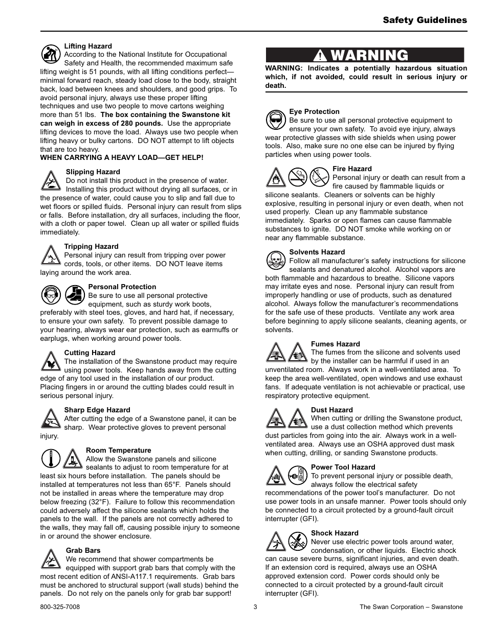 Warning | Swanstone CCSP-4896-1 - Installation User Manual | Page 3 / 20