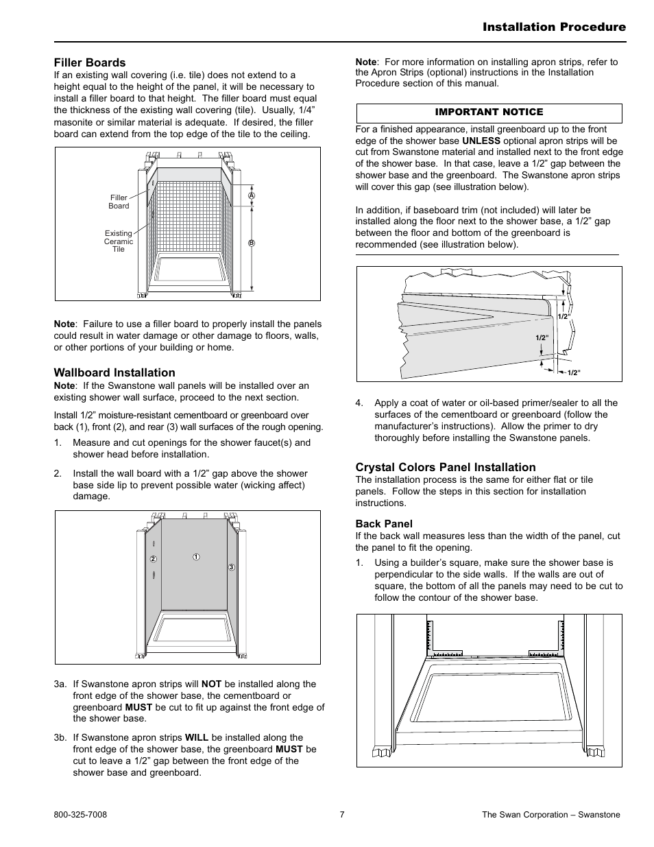 Filler boards, Wallboard installation, Crystal colors panel installation | Installation procedure | Swanstone CCSP-4896-1 - Installation User Manual | Page 7 / 20