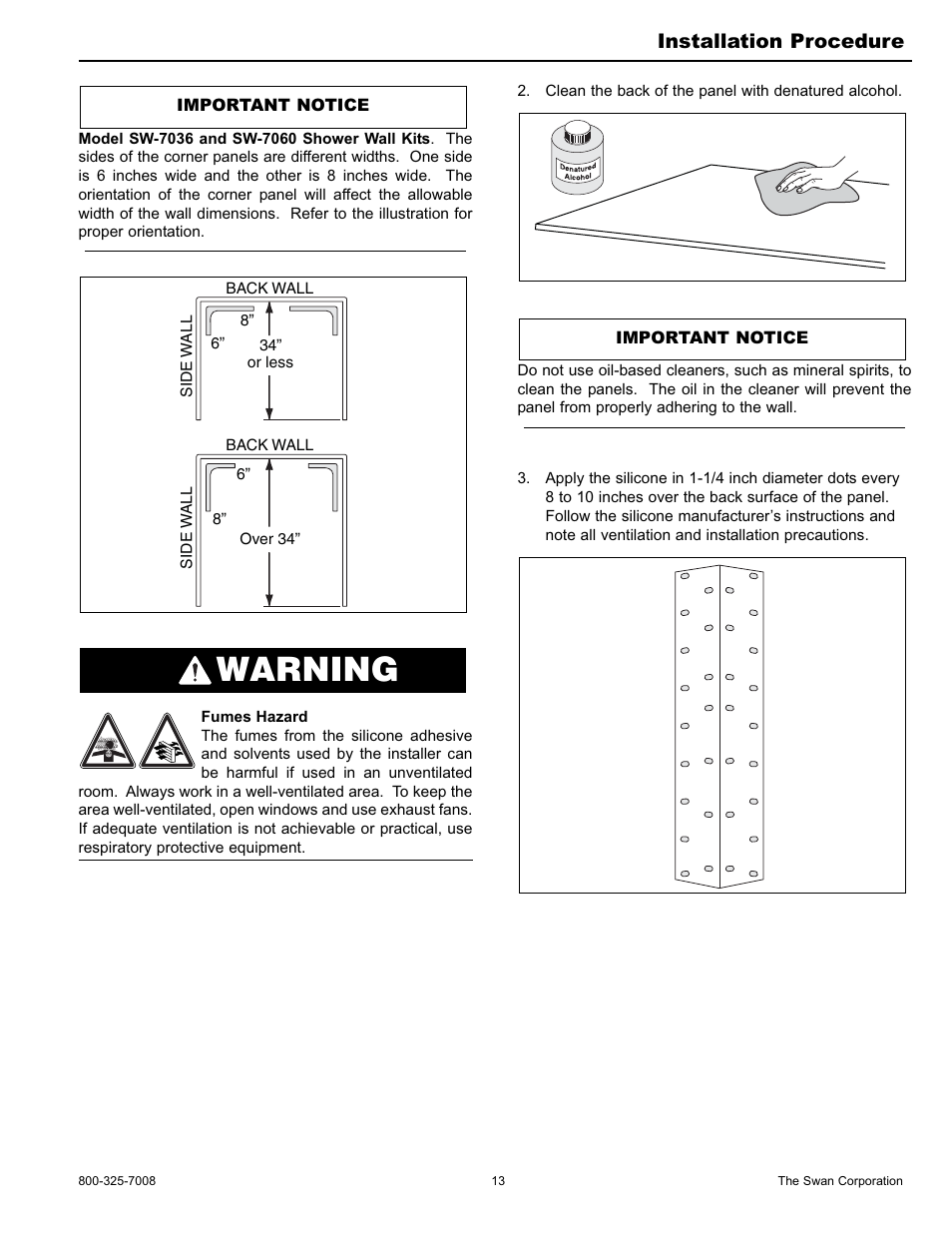 Warning, Installation procedure | Swanstone WW-6000 - Installation User Manual | Page 13 / 32