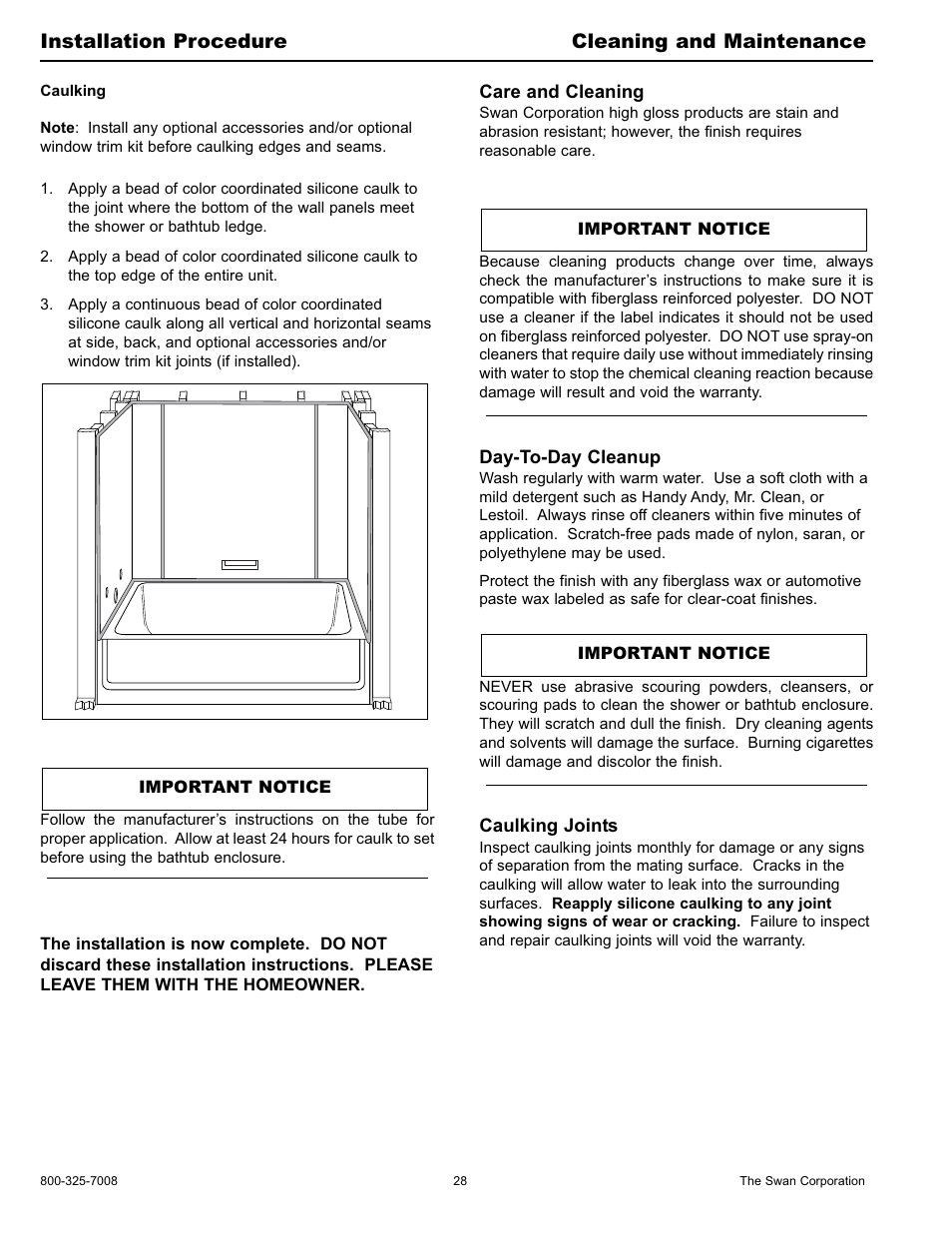 Installation procedure cleaning and maintenance | Swanstone WW-6000 - Installation User Manual | Page 28 / 32
