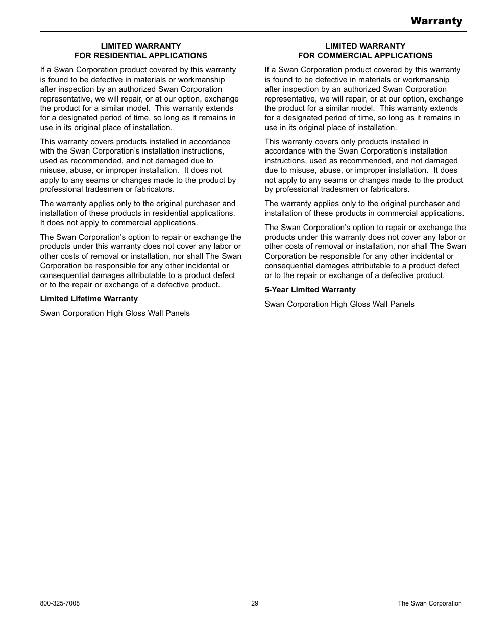 Warranty | Swanstone WW-6000 - Installation User Manual | Page 29 / 32