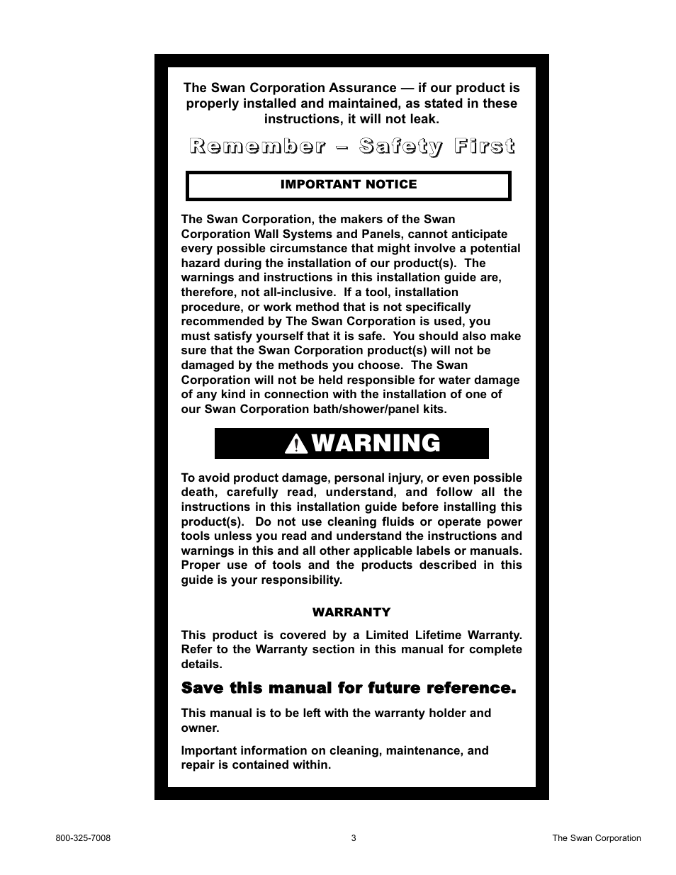 Warning | Swanstone WW-6000 - Installation User Manual | Page 3 / 32