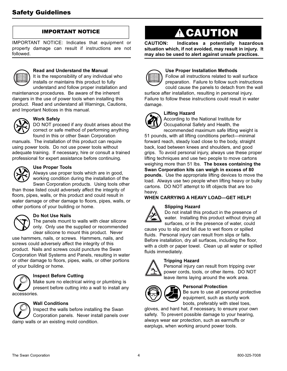 Caution, Safety guidelines | Swanstone WW-6000 - Installation User Manual | Page 4 / 32