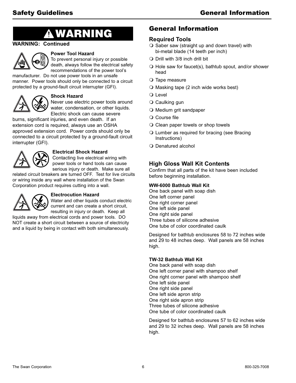 Warning, General information, Safety guidelines general information | Swanstone WW-6000 - Installation User Manual | Page 6 / 32