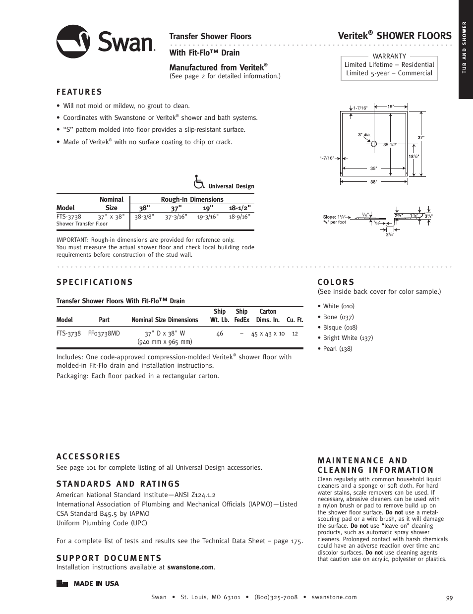 Swanstone FTS-3738 - Specification User Manual | 1 page