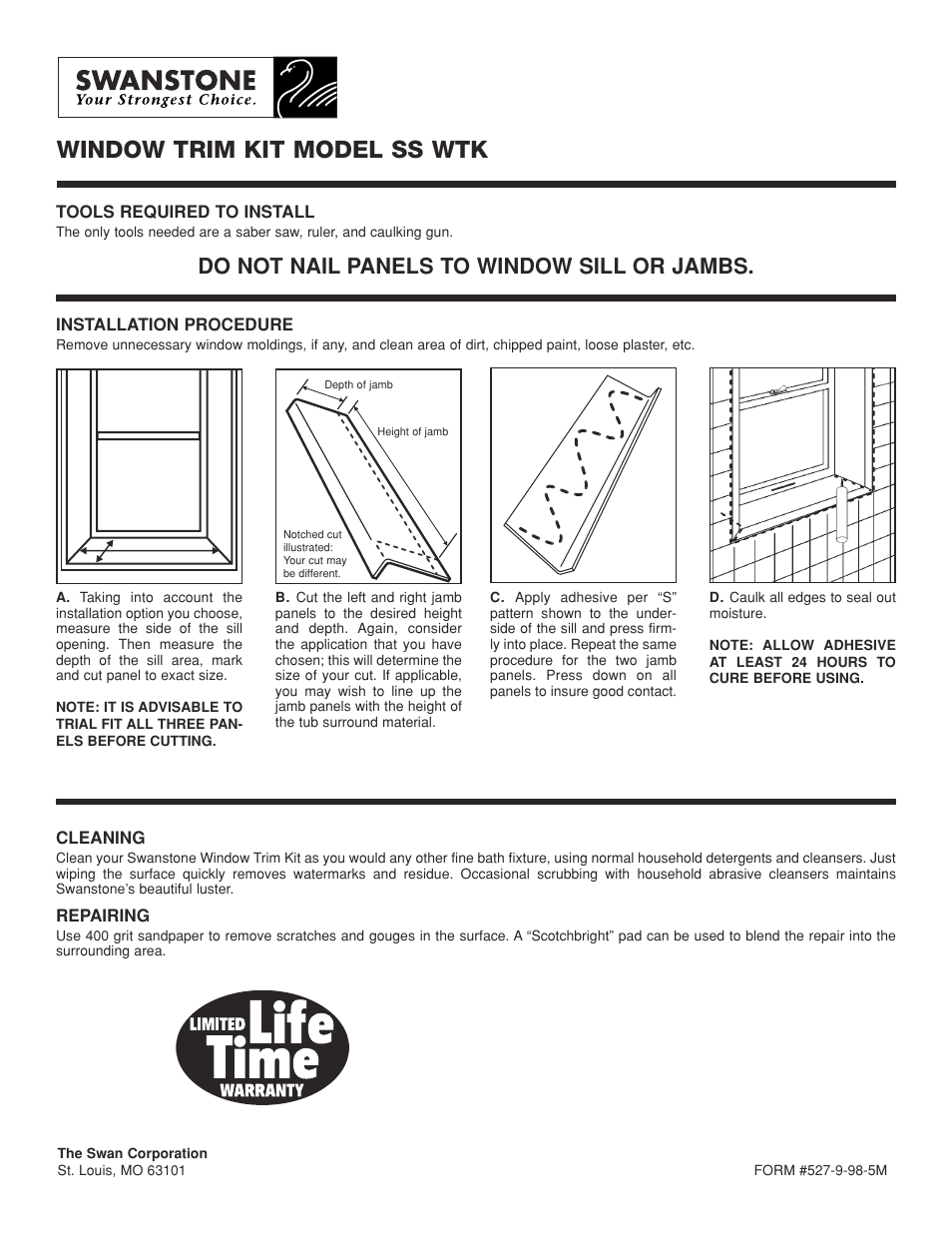 Window trim kit model ss wtk, Do not nail panels to window sill or jambs | Swanstone SS-WTK - Installation User Manual | Page 2 / 2