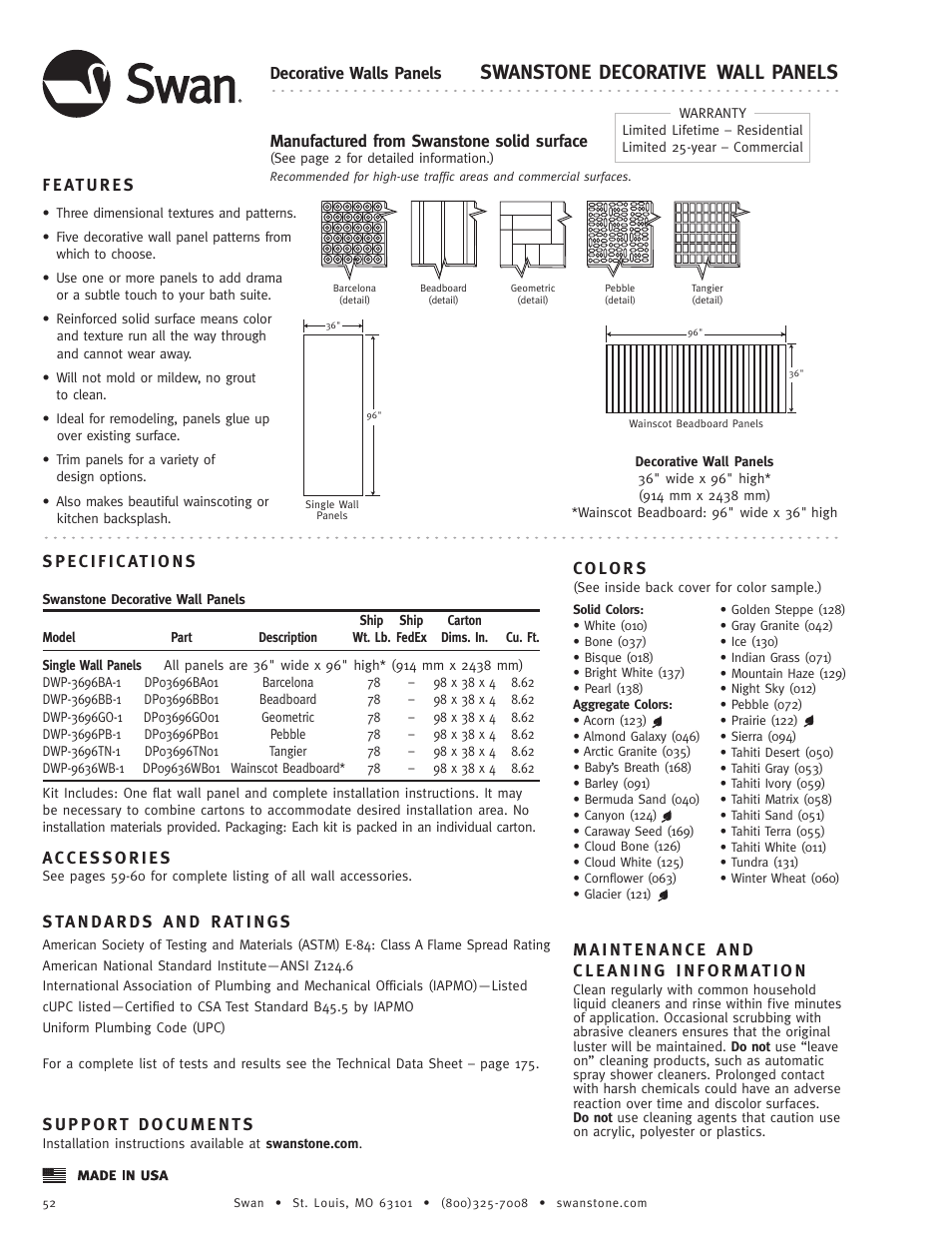 Swanstone DWP-3696 - Specification User Manual | 1 page
