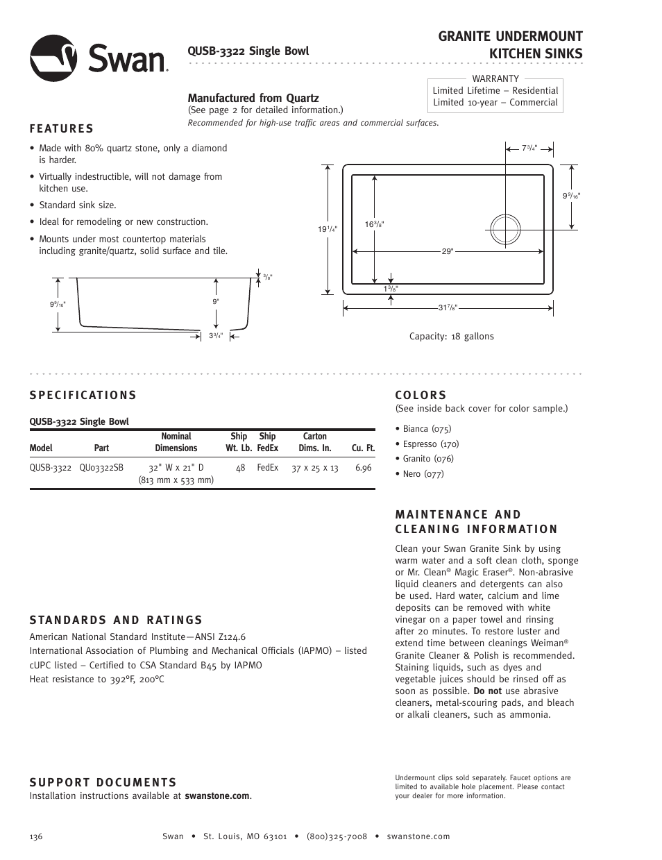 Swanstone QUSB-3322 - Specification User Manual | 1 page