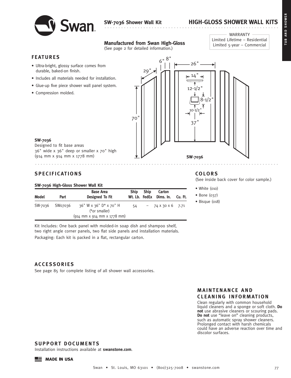 Swanstone SW-7036 - Specification User Manual | 1 page