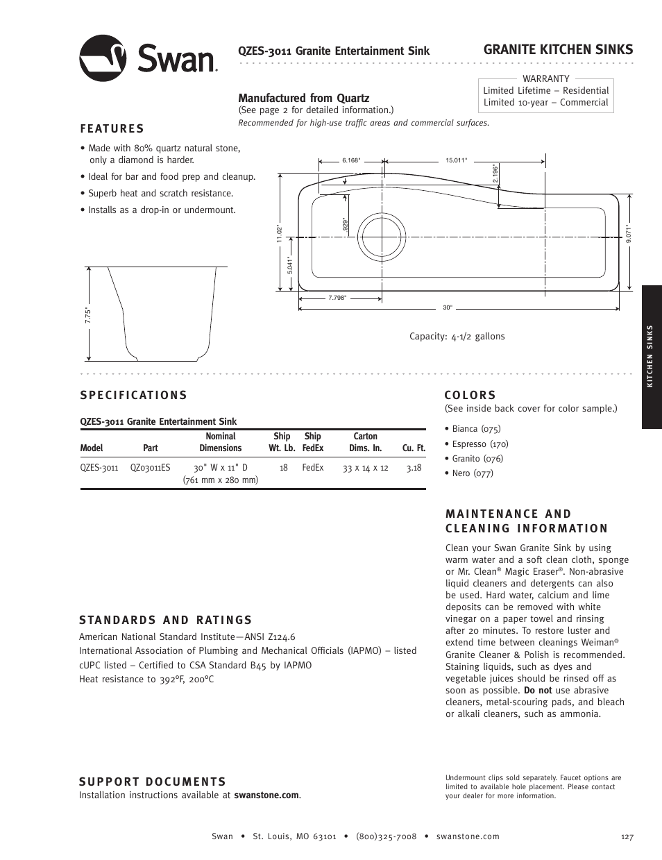 Swanstone QZES-3011 - Specification User Manual | 1 page