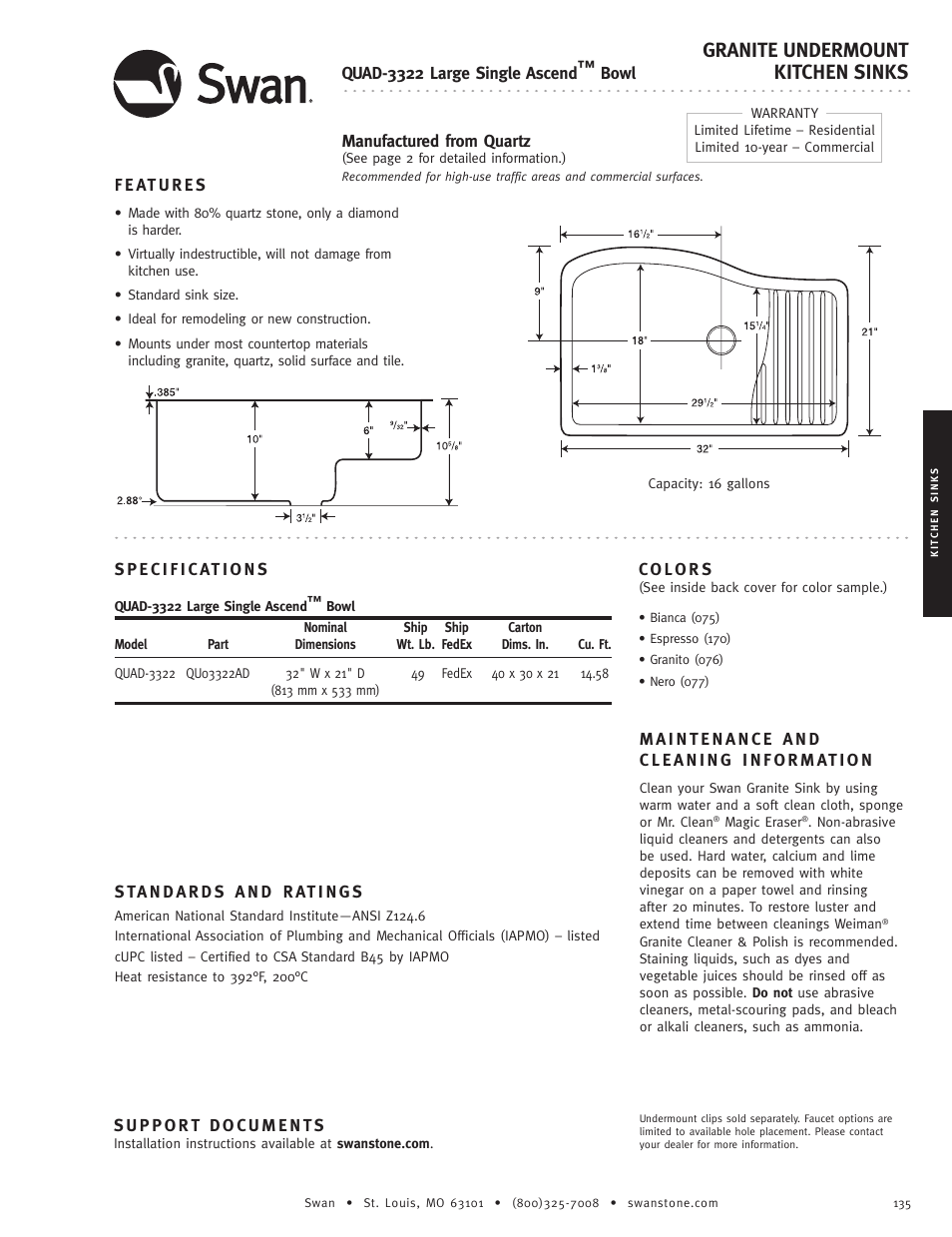 Swanstone QUAD-3322 - Specification User Manual | 1 page
