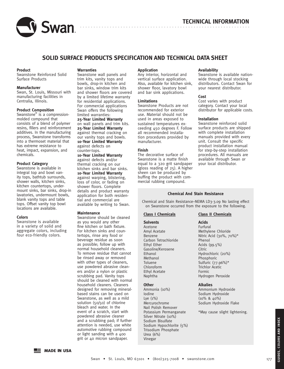 Swanstone SOLID SURFACE PRODUCTS - Specification User Manual | 2 pages