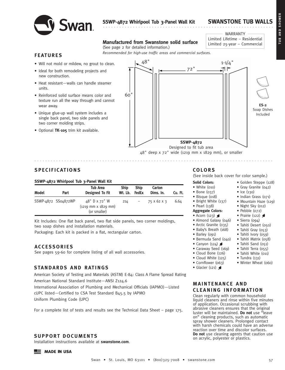 Swanstone SSWP-4872 - Specification User Manual | 1 page