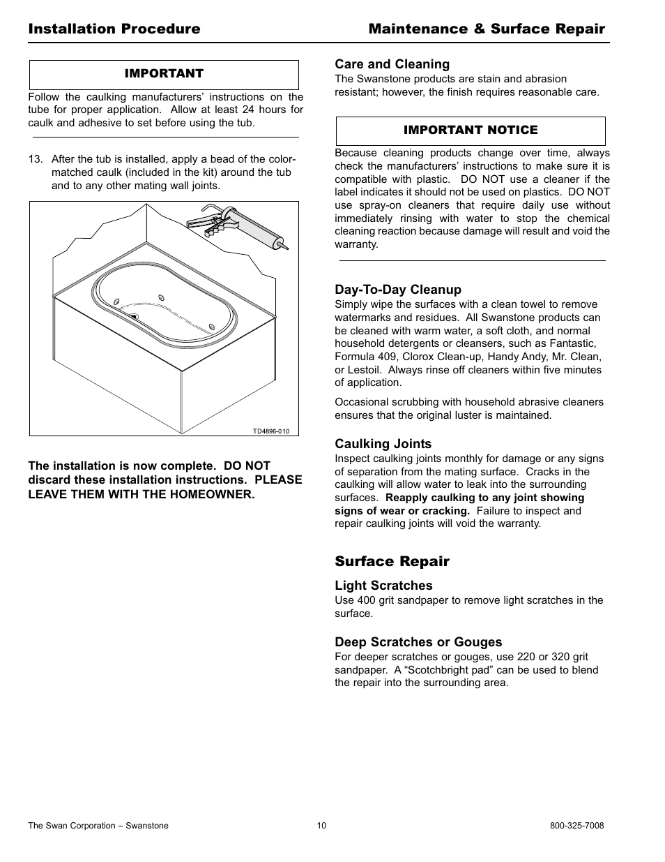 Surface repair | Swanstone BD-4896 - Installation User Manual | Page 10 / 12