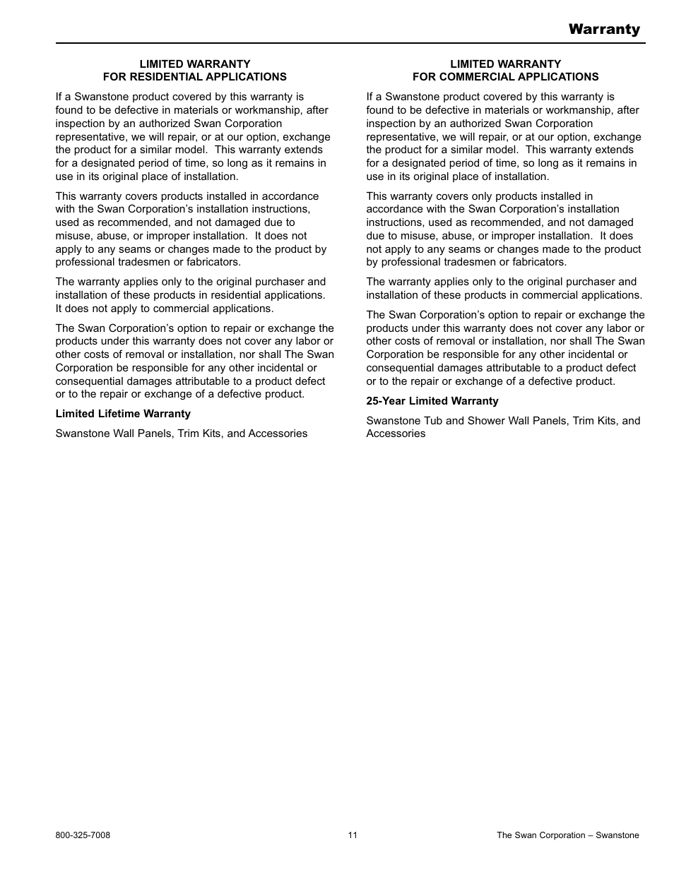 Warranty | Swanstone BD-4896 - Installation User Manual | Page 11 / 12