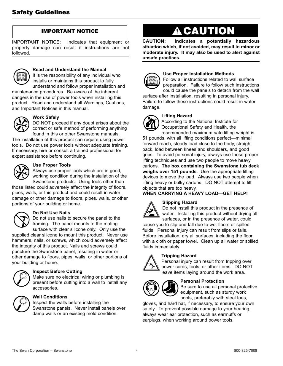 Caution, Safety guidelines | Swanstone BD-4896 - Installation User Manual | Page 4 / 12