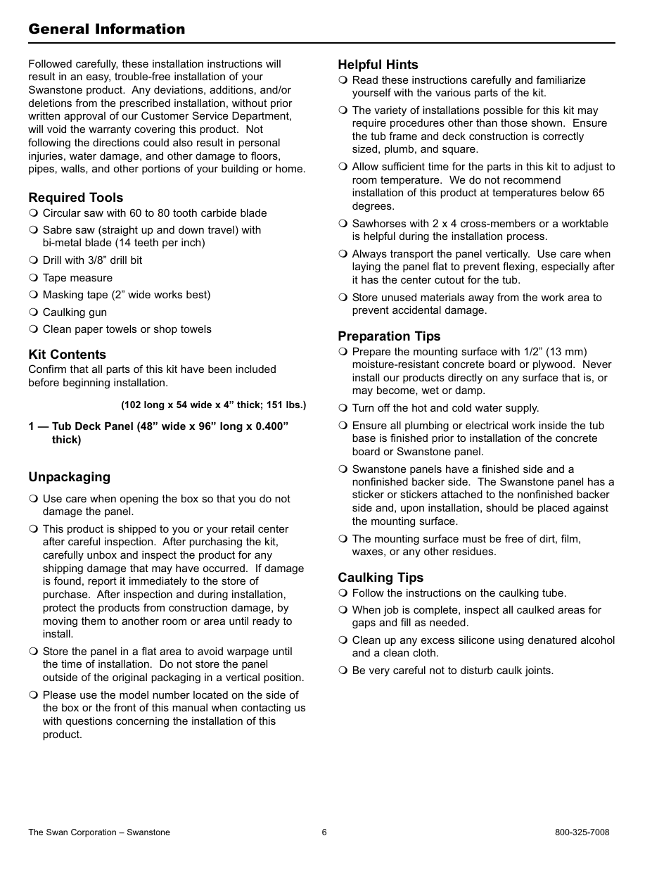 General information | Swanstone BD-4896 - Installation User Manual | Page 6 / 12