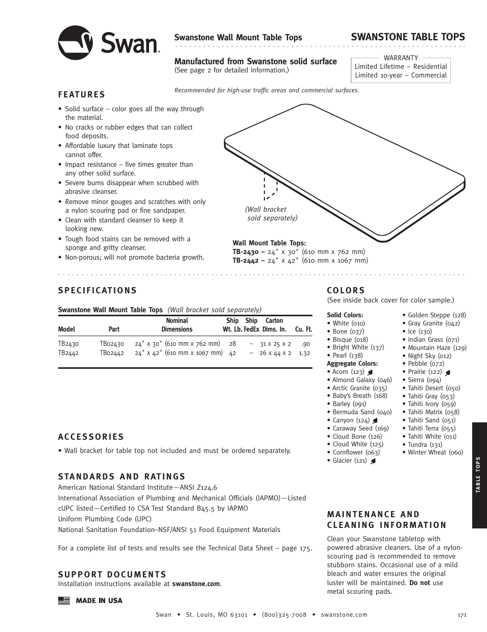 Swanstone TB-2442 - Specification User Manual | 1 page