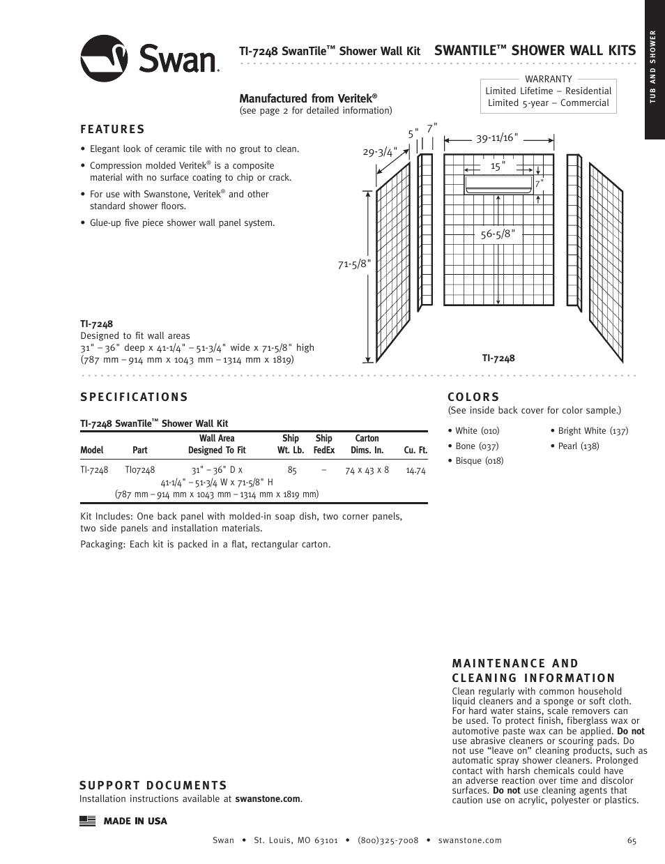 Swanstone TI-7248 - Specification User Manual | 1 page