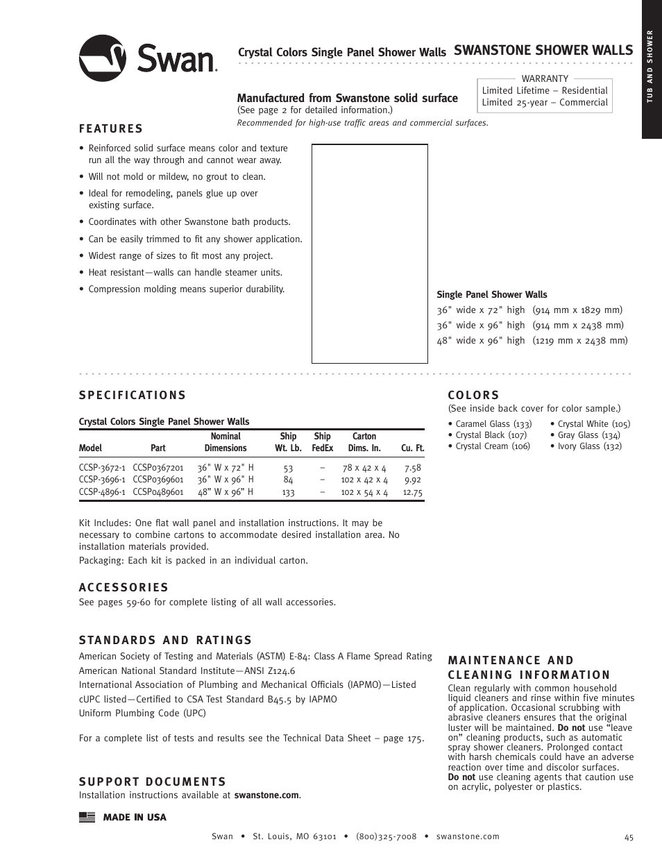 Swanstone CCSP-4896-1 - Specification User Manual | 1 page