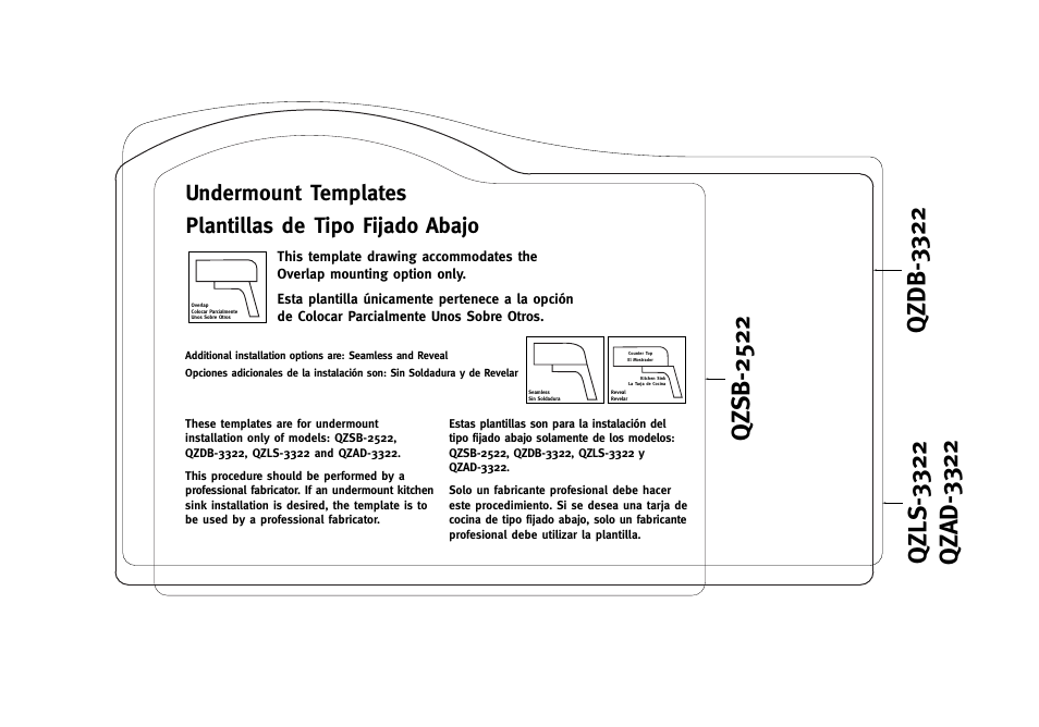 Qzdb-3322, Plantillas de tipo fijado abajo, Undermount templates | Swanstone QZSB-2522 - Installation User Manual | Page 2 / 2