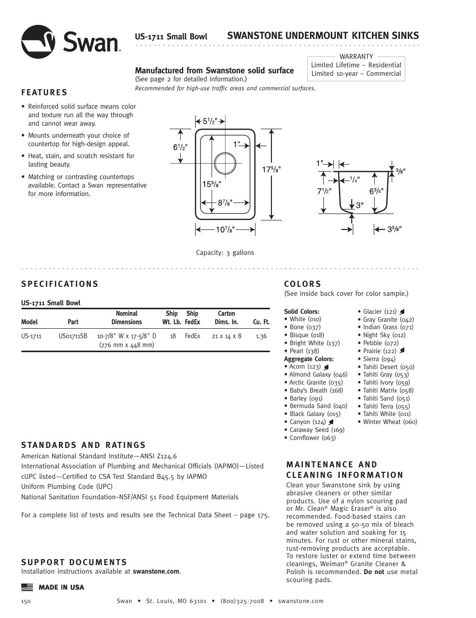 Swanstone US-1711 - Specification User Manual | 1 page