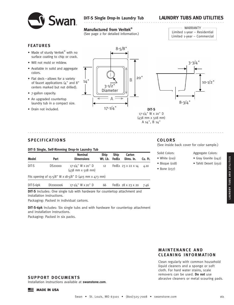 Swanstone DIT-S - Specification User Manual | 1 page