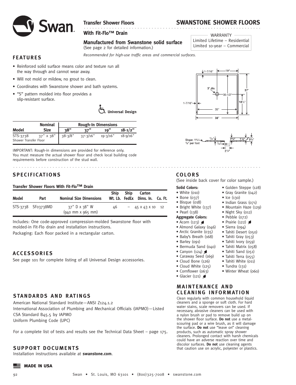 Swanstone STS-3738 - Specification User Manual | 1 page