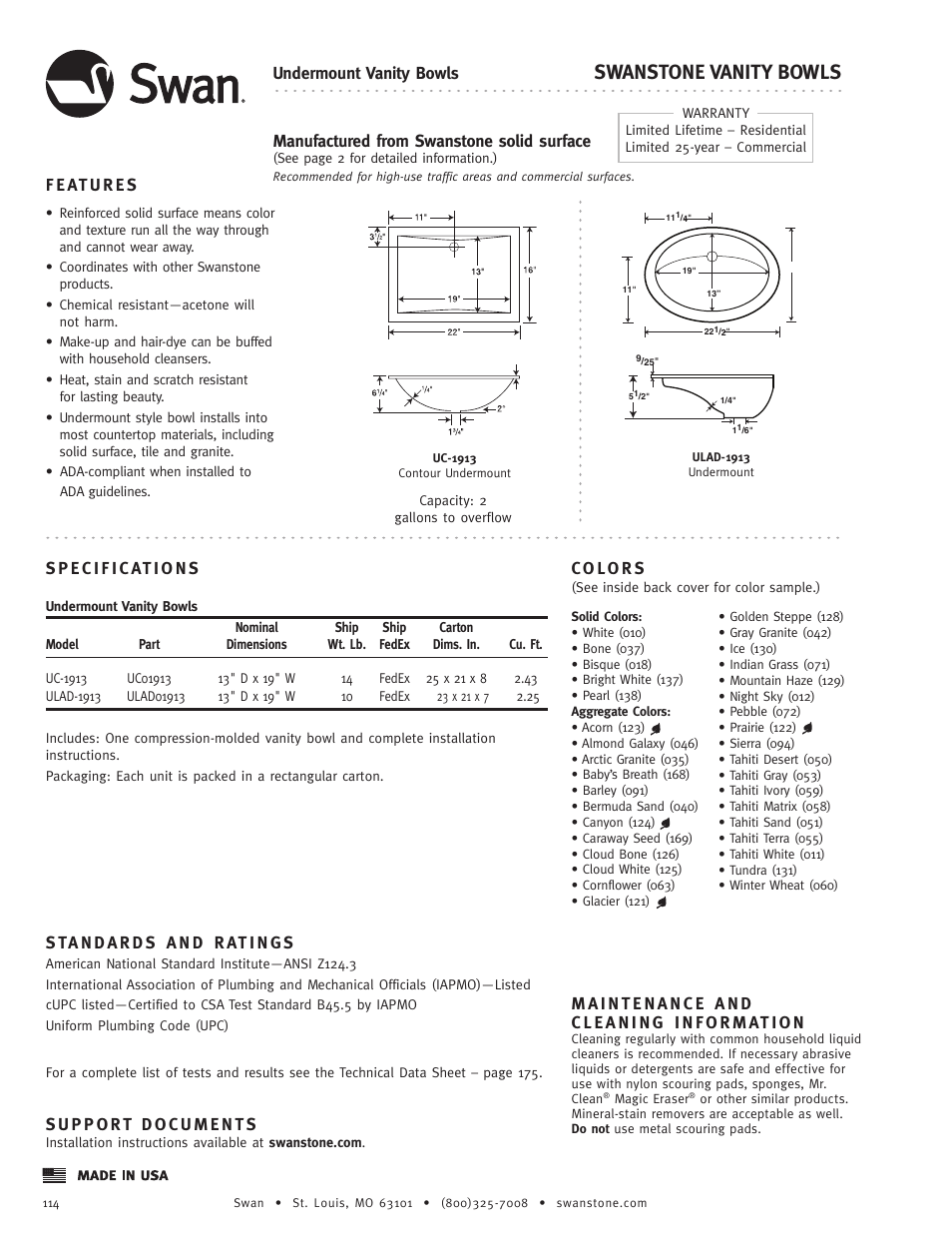 Swanstone ULAD-1913 - Specification User Manual | 1 page