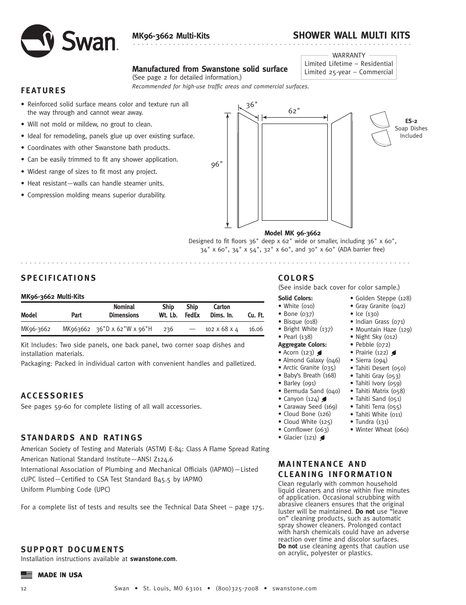 Swanstone MK96-3662 - Specification User Manual | 1 page