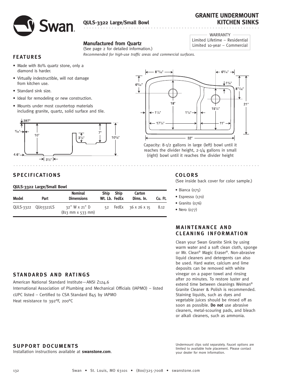 Swanstone QULS-3322 - Specification User Manual | 1 page