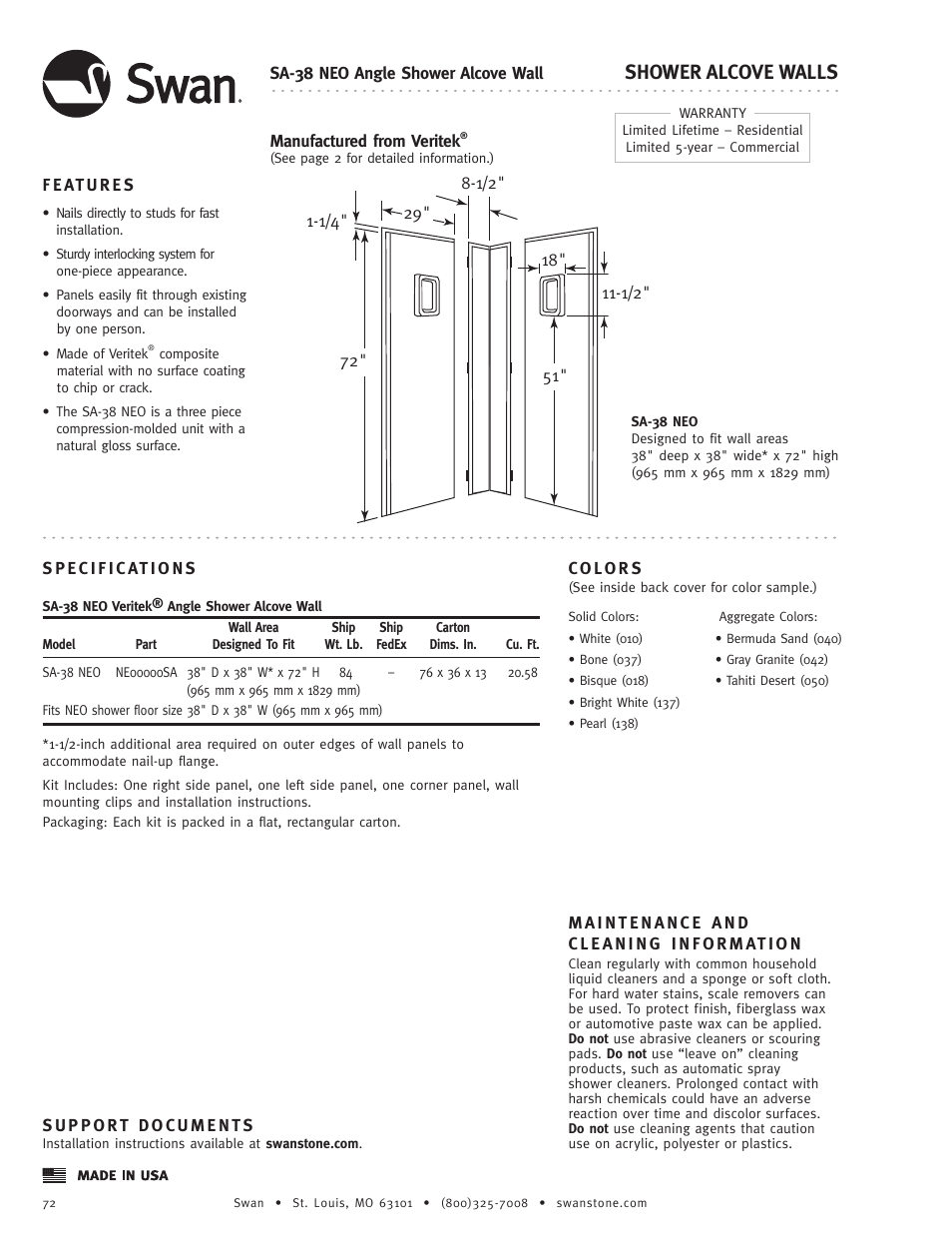 Swanstone SA-38 NEO - Specification User Manual | 1 page