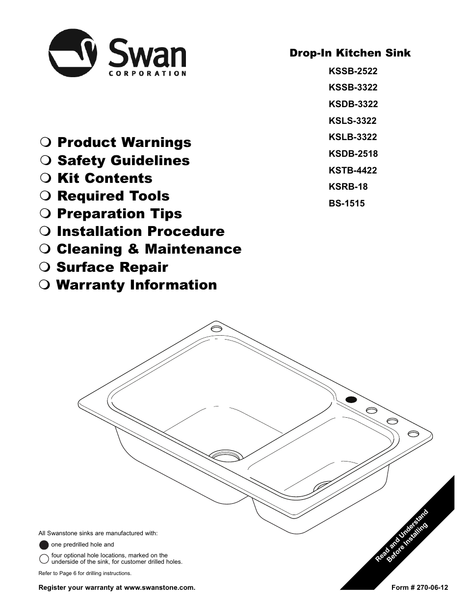 Swanstone KSTB-4422 - Installation User Manual | 8 pages