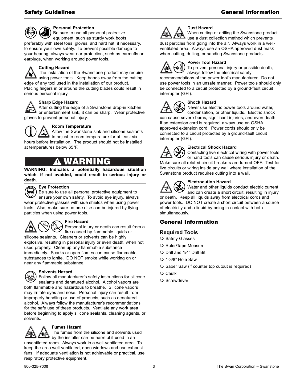 Warning | Swanstone KSTB-4422 - Installation User Manual | Page 3 / 8