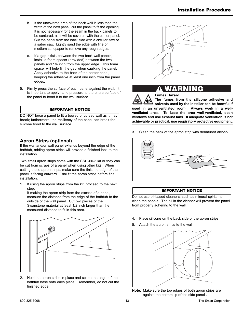 Warning, Apron strips (optional) | Swanstone STMK72-3662 - Installation User Manual | Page 13 / 20