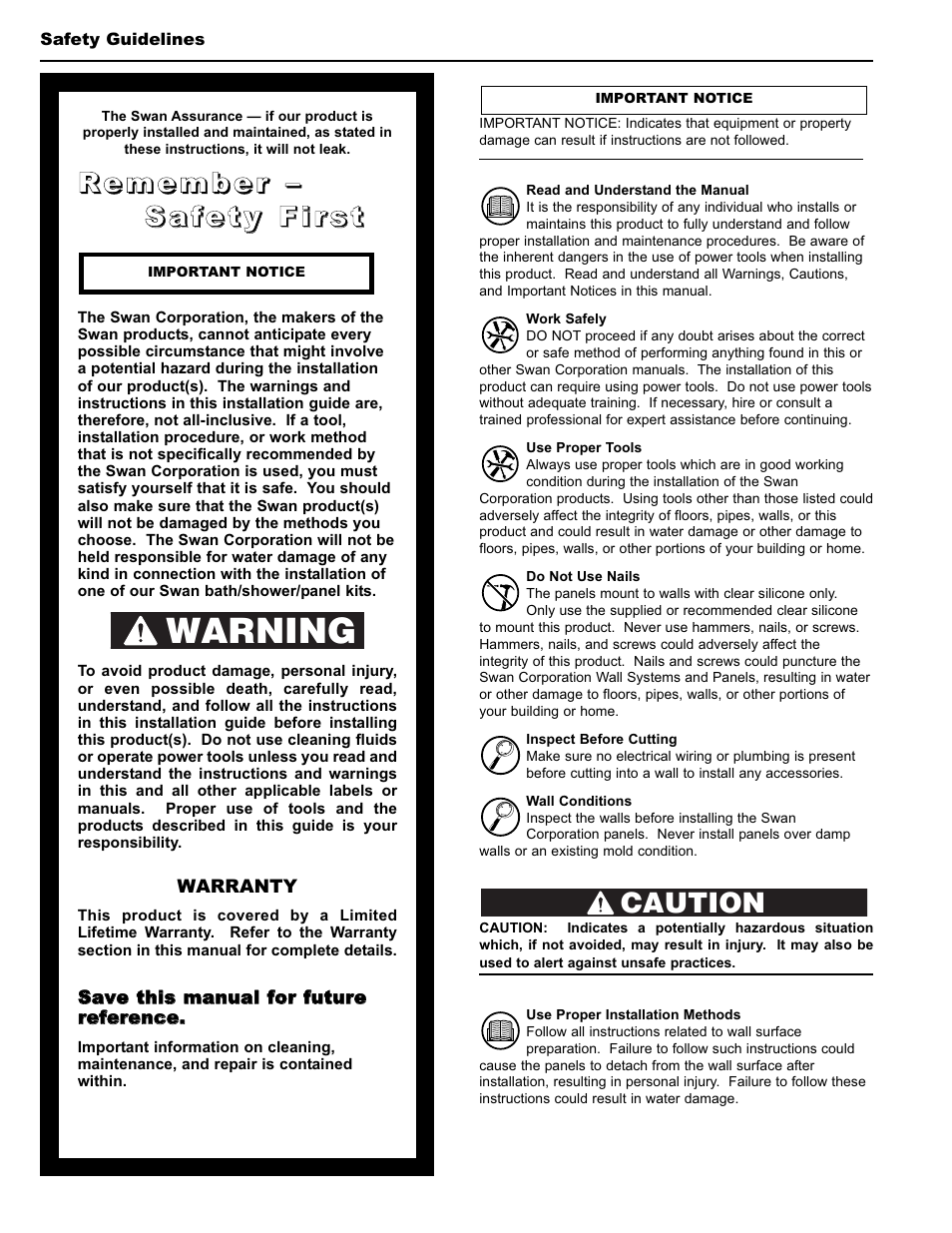Warning, Caution | Swanstone STMK72-3662 - Installation User Manual | Page 2 / 20