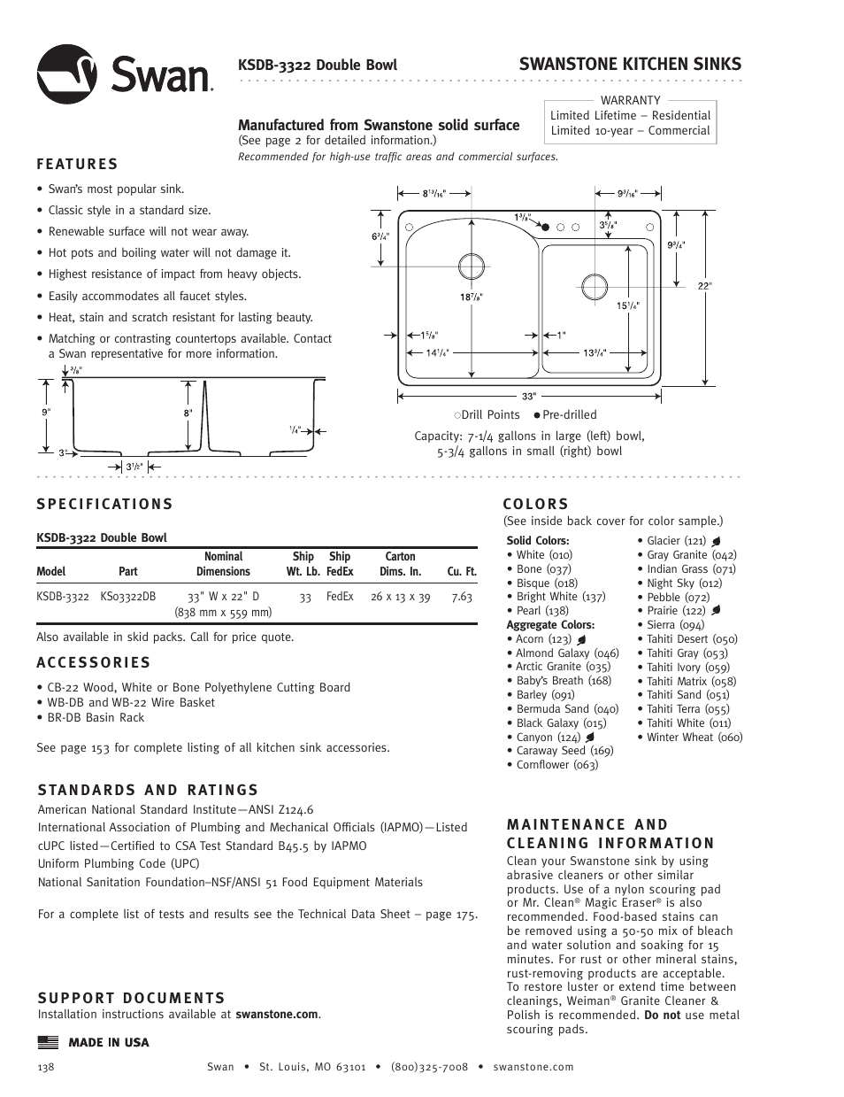 Swanstone KSDB-3322 - Specification User Manual | 1 page