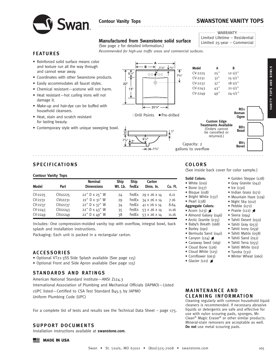 Swanstone CV-22xx - Specification User Manual | 1 page