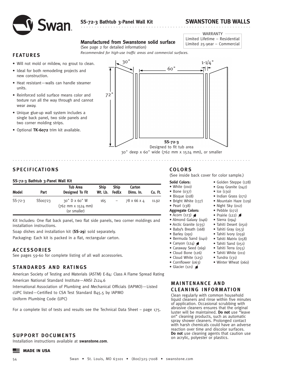 Swanstone SS-72-3 - Specification User Manual | 1 page