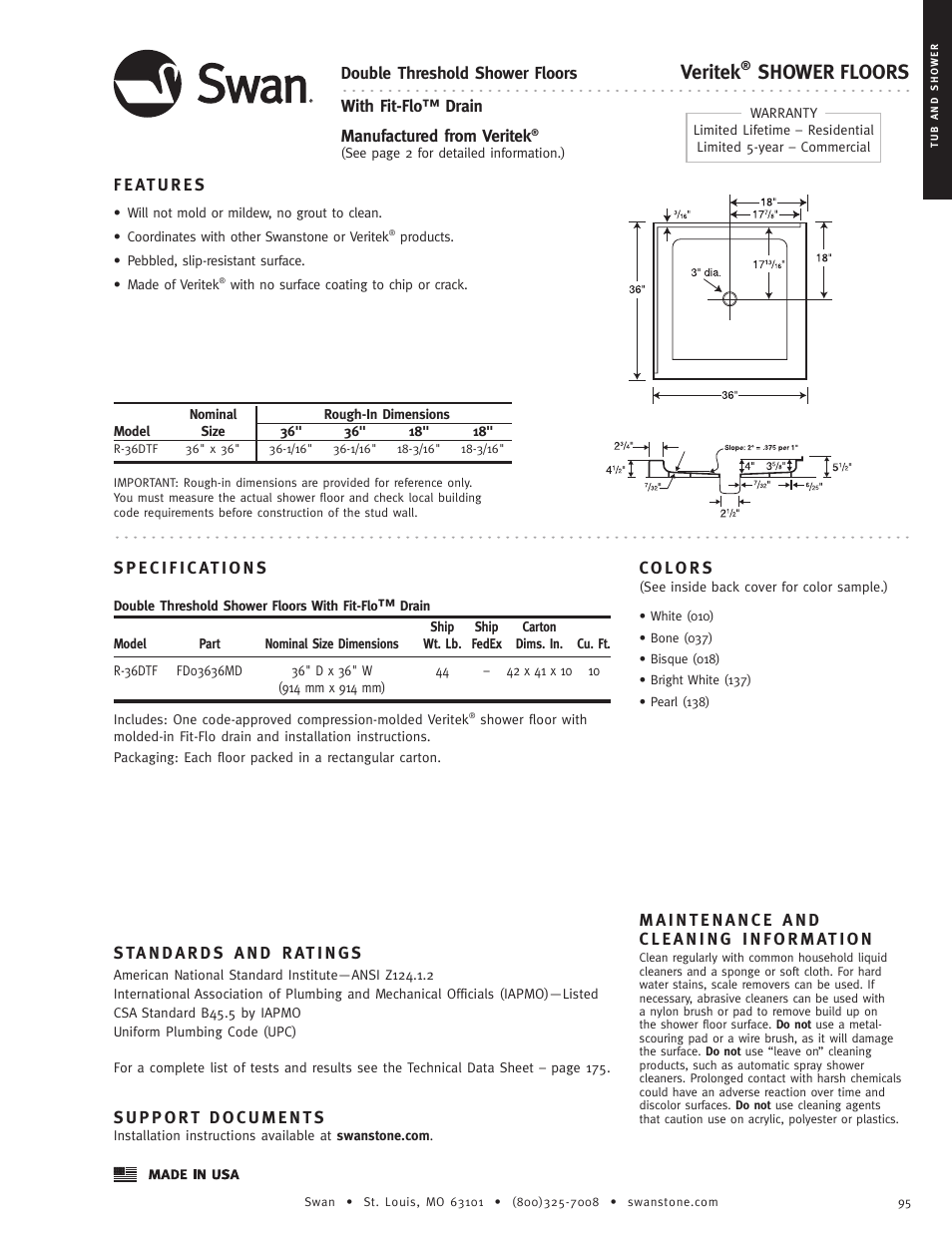 Swanstone R-36DTF - Specification User Manual | 1 page