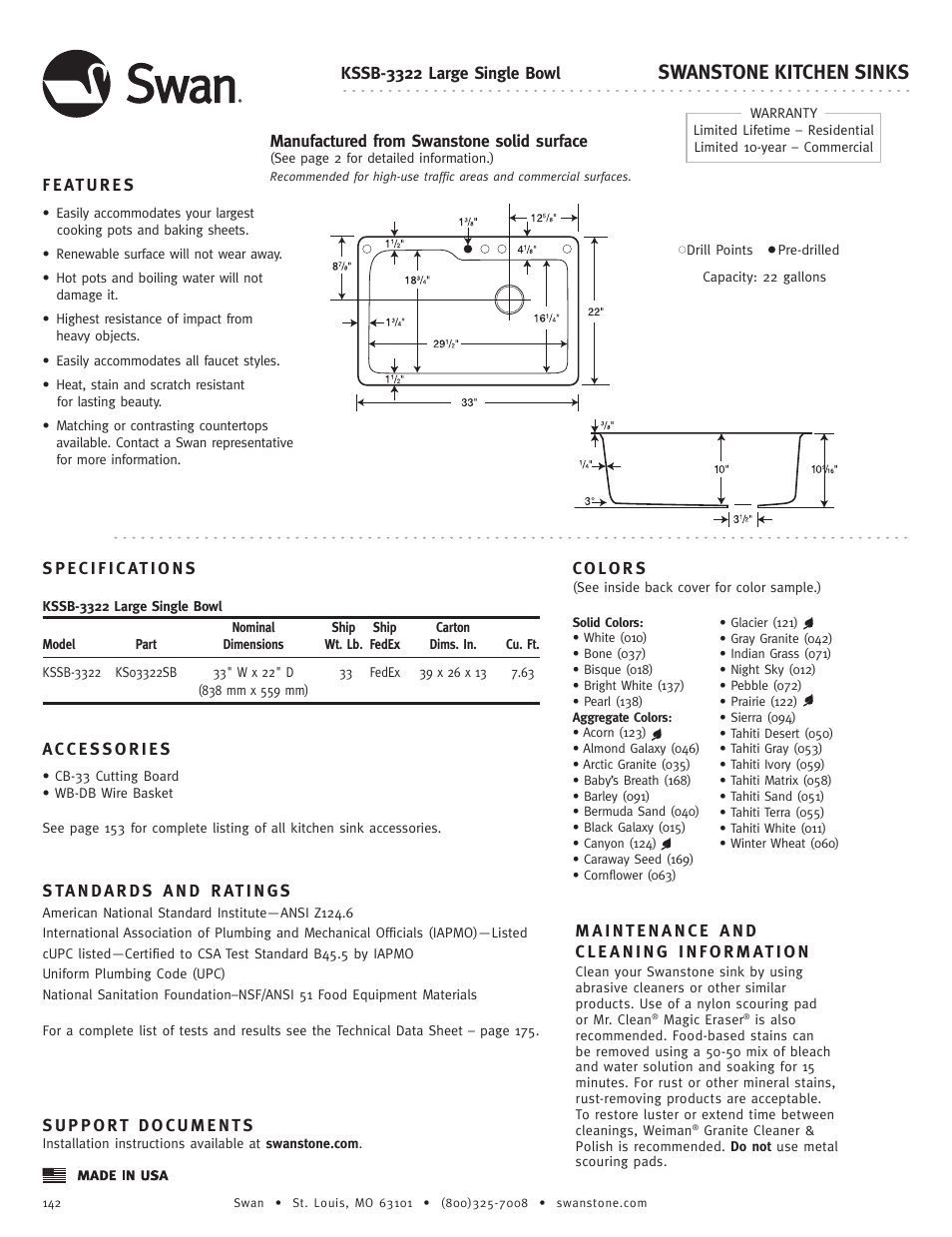 Swanstone KSSB-3322 - Specification User Manual | 1 page