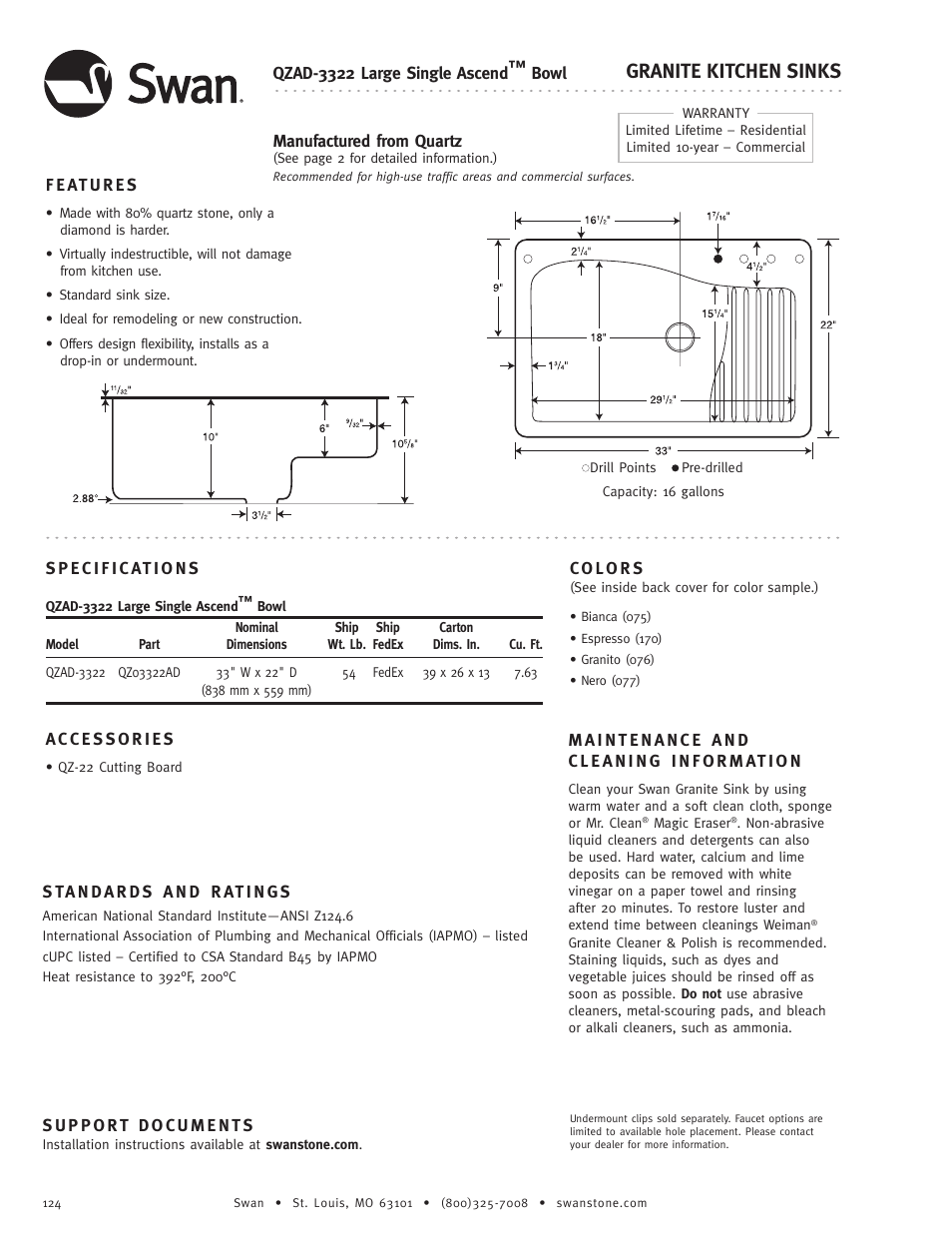 Swanstone QZAD-3322 - Specification User Manual | 1 page