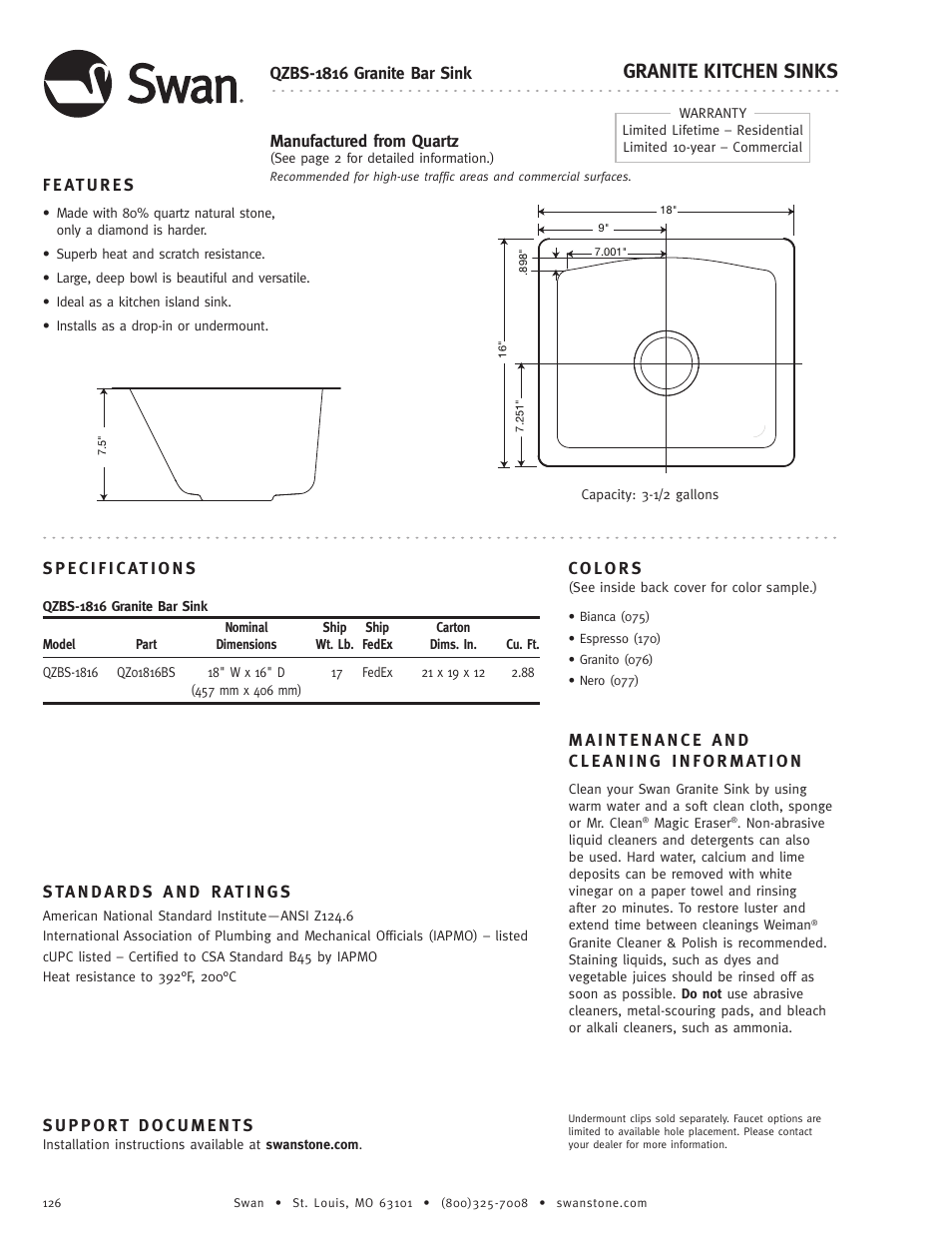 Swanstone QZBS-1816 - Specification User Manual | 1 page